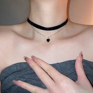 Layered Choker Necklace With Velvet Ribbon And Alloy Heart Pendant Vintage Elegant Clavicle Chain For Women