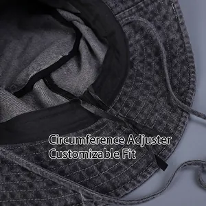 Adjustable inner drawstring and sweatband detail of washed grey denim sun hat
