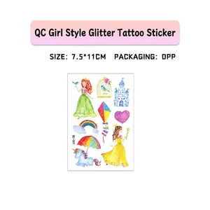 Glitter girl tattoo sheet with princess, unicorn and rainbow designs, size 7.5x11cm