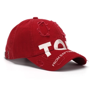 Detail of dark red distressed baseball cap with 3D letter embroidery and metal buckle