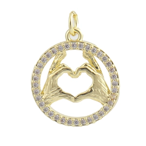 Golden heart-shaped hand gesture pendant with cubic zirconia inlay on white background