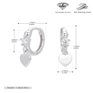 Detailed size chart showing dimensions of heart hoop earrings with 5A grade zircon and 925 silver