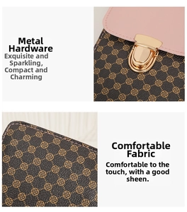 Detail of pink flap handbag featuring classic brown pattern with gold metal hardware buckle
