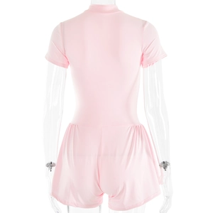 Rear view detail of the pink bodycon bodysuit showing the zipper closure on a mannequin
