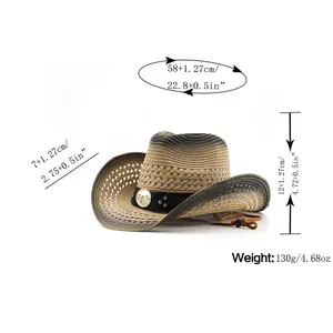 Detailed size chart for bohemian straw cowboy hat with measurements in cm and inches