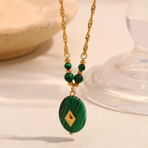 Stainless Steel Necklace 18K Gold Plated Oval Malachite Pendant Green Beads Star Rhombus Elegant Jewelry For Women
