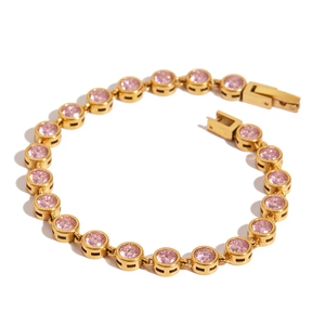 Luxury stainless steel gold bracelet with sparkling pink zircons and secure clasp for women