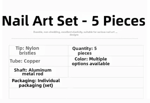 Detailed specifications for 5pcs nail art brush set with nylon hair and metal aluminum handle