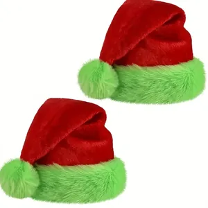 Christmas hat featuring a red velvet body with a fluorescent green faux fur trim and pompom