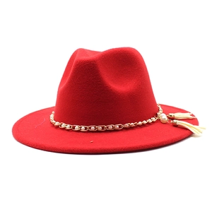 Red wool fedora hat with gold chain, white pearls and stylish fringe tassels decoration