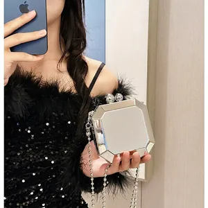 Octagonal Mirror Finish Acrylic Evening Clutch Bag Crossbody Chain Strap Hard Shell Banquet Party Fashion Women