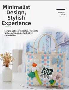 Close-up of woven picnic bag with 3D floral accents and checkered pattern details