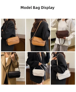 Detail shots of women shoulder bag showing various colors and outfits with wave-cut flap