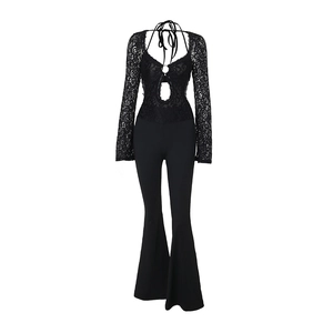 Elegant black lace long sleeve jumpsuit with cutout metal ring and flared pants design