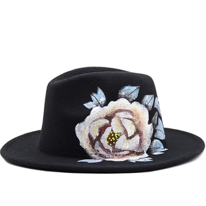 Wide Brim Fedora Hat Hand Painted Flower Polyester Felt Jazz Cap For Men Women Travel Party Artistic Style