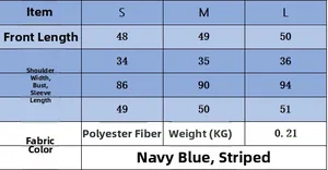 Guide des tailles détaillé pour veste en maille rayée bleu marine à manches longues en polyester