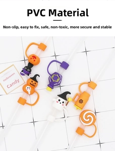 Macro detail of PVC Halloween straw toppers featuring pumpkin and ghost designs