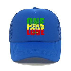 Blue One Love trucker hat with breathable mesh back and colorful graphic print