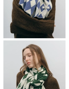 Detailed close-up of soft knit winter scarf featuring two-tone diamond geometric patterns