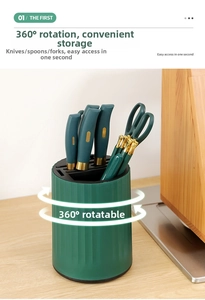 Macro view of a 360-degree rotating kitchen knife holder with luxury green striped design