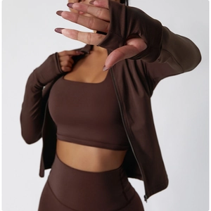 Deep brown yoga 3-piece set featuring thumb-hole cuffs and high waist compression leggings