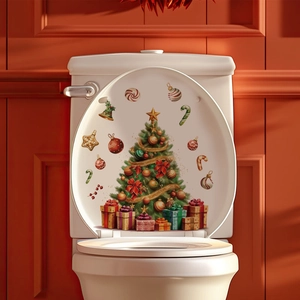 Detail of Christmas tree toilet lid stickers with colorful gift boxes and ornaments