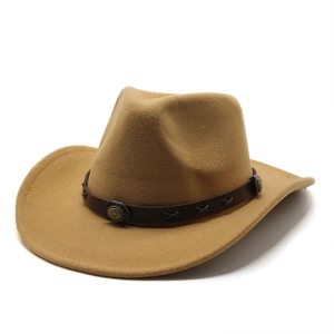 Detail of khaki wool felt cowboy hat with vintage brown leather band and metallic studs
