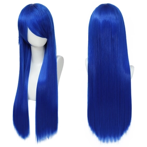 Front and back view of 80cm long straight blue cosplay wig with bangs on a mannequin