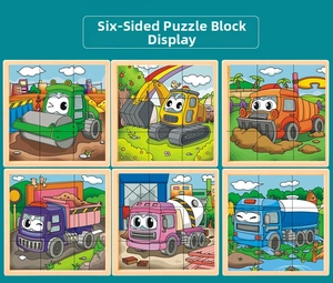 Detailed six-sided view of 3D wooden cube puzzles featuring six distinct construction vehicles