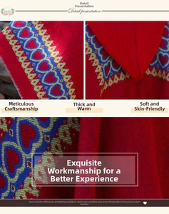 Détails macro du poncho en tricot rouge avec motifs jacquard à cœurs et capuche