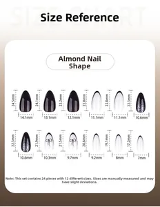 Size chart showing dimensions for 24pcs almond shape press-on nails with Y2K designs