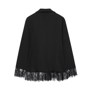 Women's black fitted blazer with elegant eyelash lace trim on sleeves and hem back view