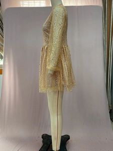 Detailansicht der champagnergoldenen Pailletten auf dem langärmeligen Netz-Partykleid