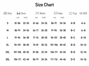 Tableau des tailles détaillé pour bikini comprenant buste, taille et hanches