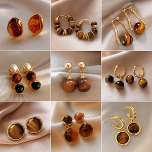 Vintage Tiger Eye Stone Stud Earrings With 925 Sterling Silver Post Geometric Gold Plated Maillard Style Elegant Jewelry For Women