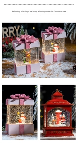 Macro shot of illuminated Christmas snow globe lamp with warm LED lights and festive scene