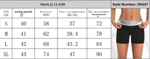 Size chart showing measurements for high waist sauna shorts and fitness yoga pants