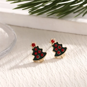 Christmas tree stud earrings in green enamel and red rhinestones with a festive theme