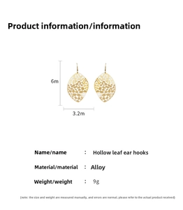 Detailed view of hollow leaf earrings in gold alloy with 6cm height and 3.2cm width dimensions