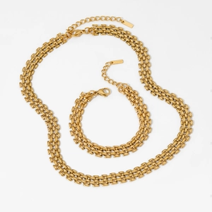 Golden hip hop stainless steel jewelry set featuring a wide flat link chain and bracelet