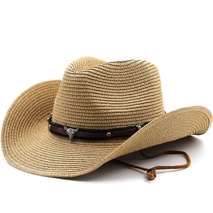 Western Cowboy Straw Hat Wide Brim Sun Protection For Men Women Leather Band Metal Bull Head Rivet Adjustable Wind Rope