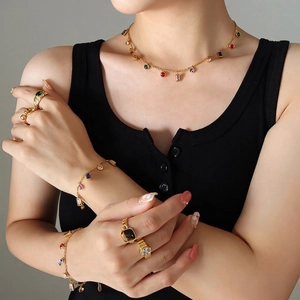 Luxury gold jewelry set with colorful zircons, bohemian necklace and bracelet combo