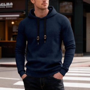 Men's casual navy blue hooded sweatshirt with waffle plaid texture and adjustable drawstrings