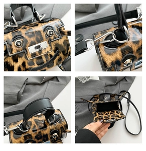 Detailed views of mini leopard print bag featuring cartoon eyes and silver hardware