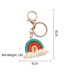 Handmade woven rainbow keychain pendant with white tassels and golden lobster clasp 9x4cm