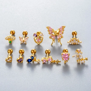 Surgical steel cartilage earrings set featuring gold floral heart and butterfly studs