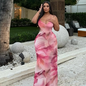 Maxi Dress Polyester Spandex Floral Print Backless Spaghetti Straps Bodycon Summer Party Sexy Long Dress