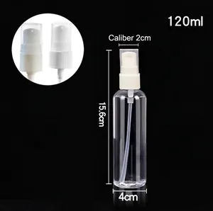 Detail showing 120ml clear PET bottle with spray pump dimensions and dust cap