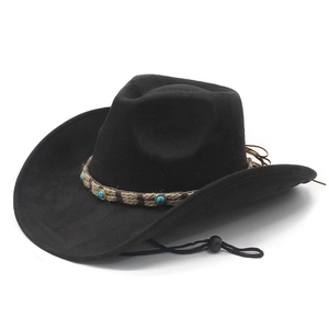 Black faux suede Western cowboy hat with turquoise beads and brown braided band
