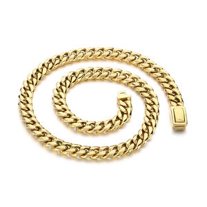 Polished 12mm golden Cuban link stainless steel necklace with rectangular box clasp
